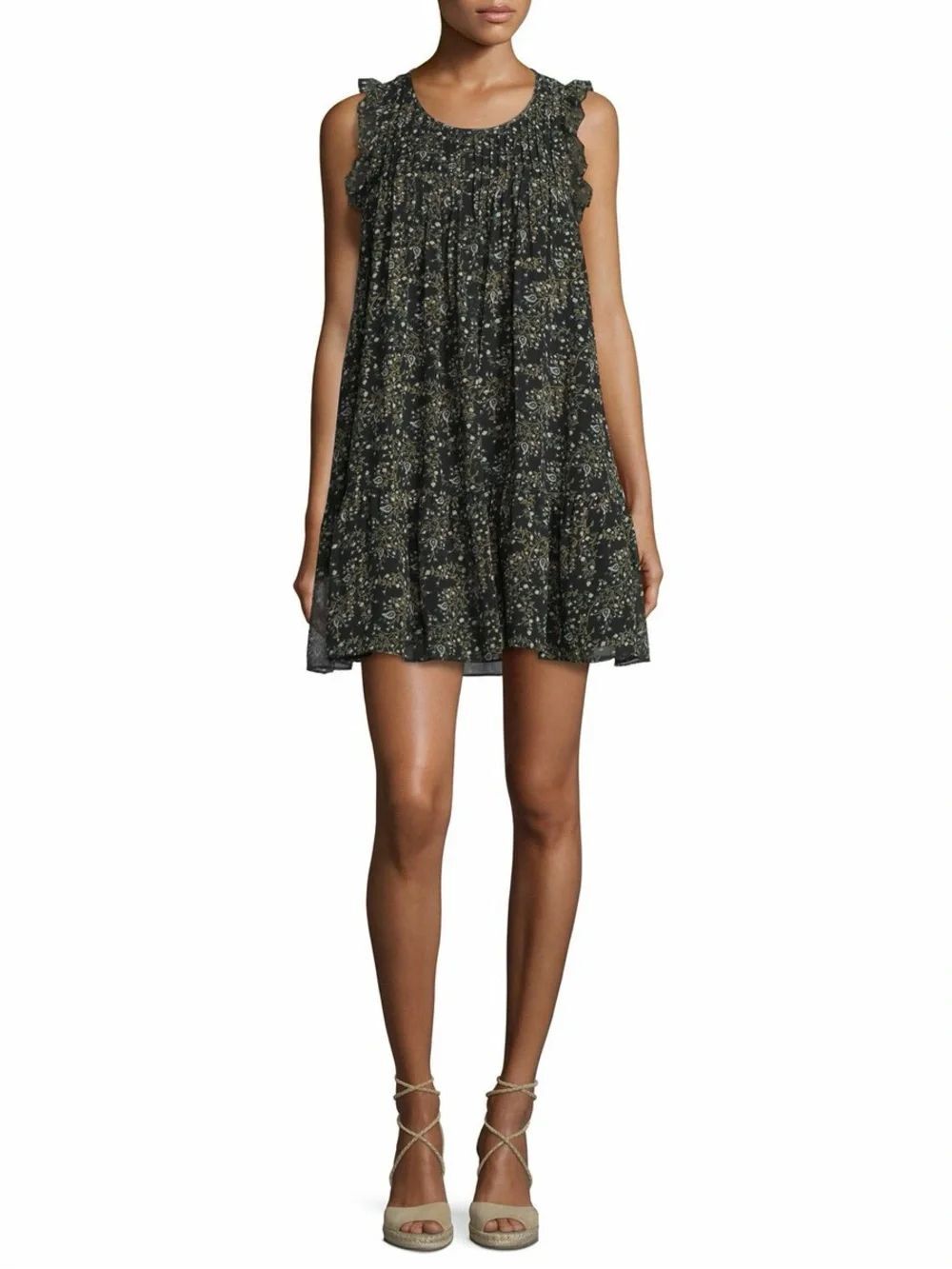 Joie Tahoma Silk Floral Print Ruffle Dress in "Tossed Wildflowers" Black Size XS